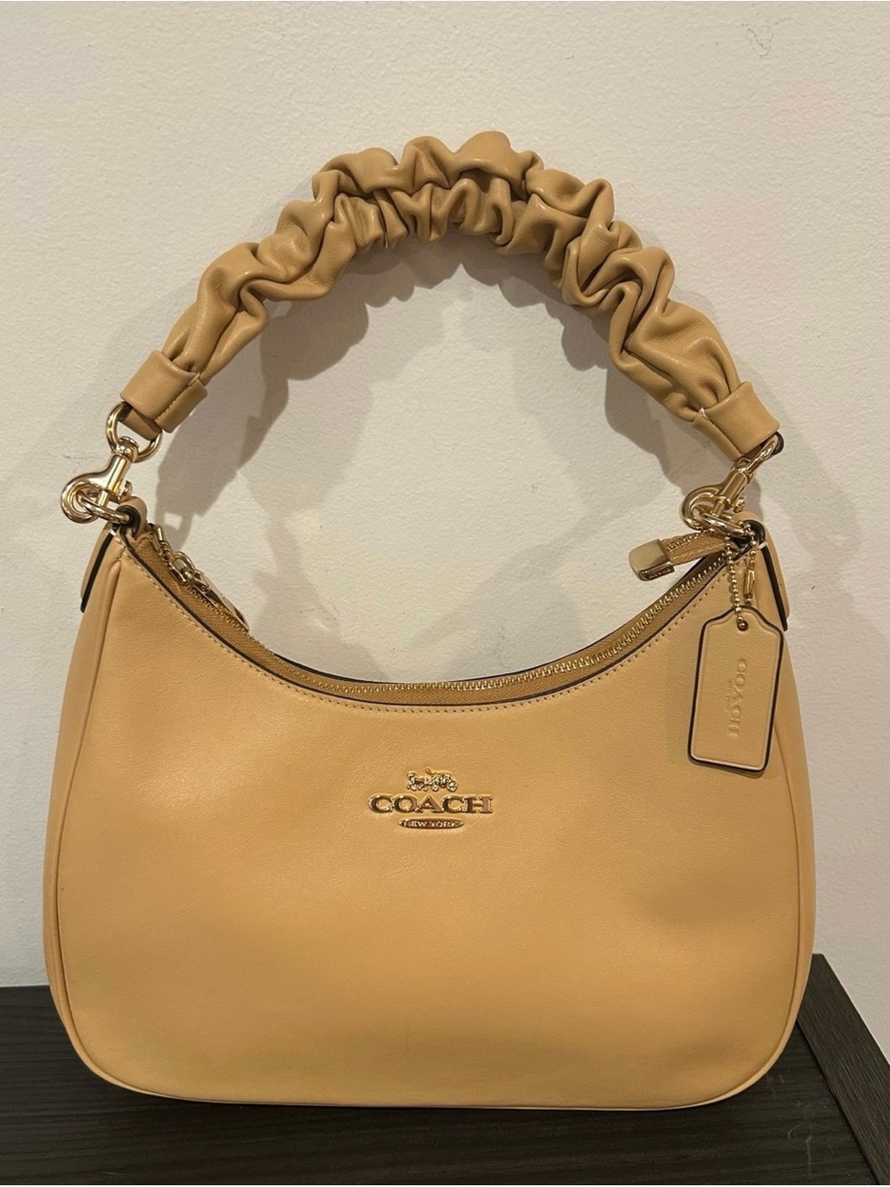 Coach Teri Hobo Tan Ruched-Handle Shoulder Bag with Gold Hardware